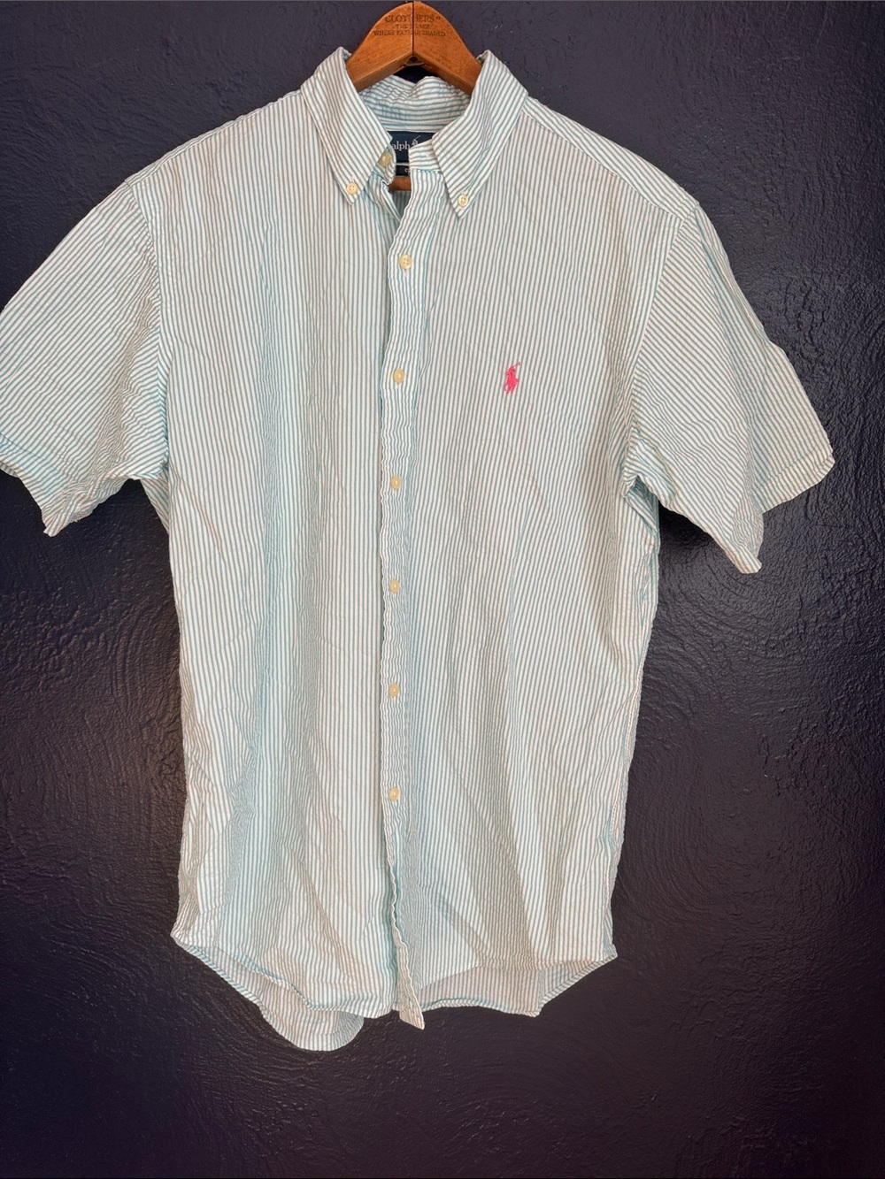 Ralph Lauren Teal & White Seersucker Striped Short-Sleeve Button-Down Shirt